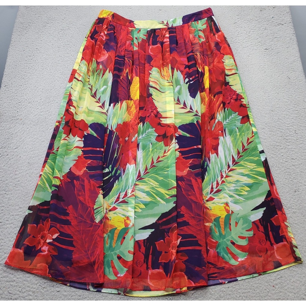 Vince Camuto Maxi Skirt Womens 14 Multi Tropical Leaf Chiffon Pleated Side Zip